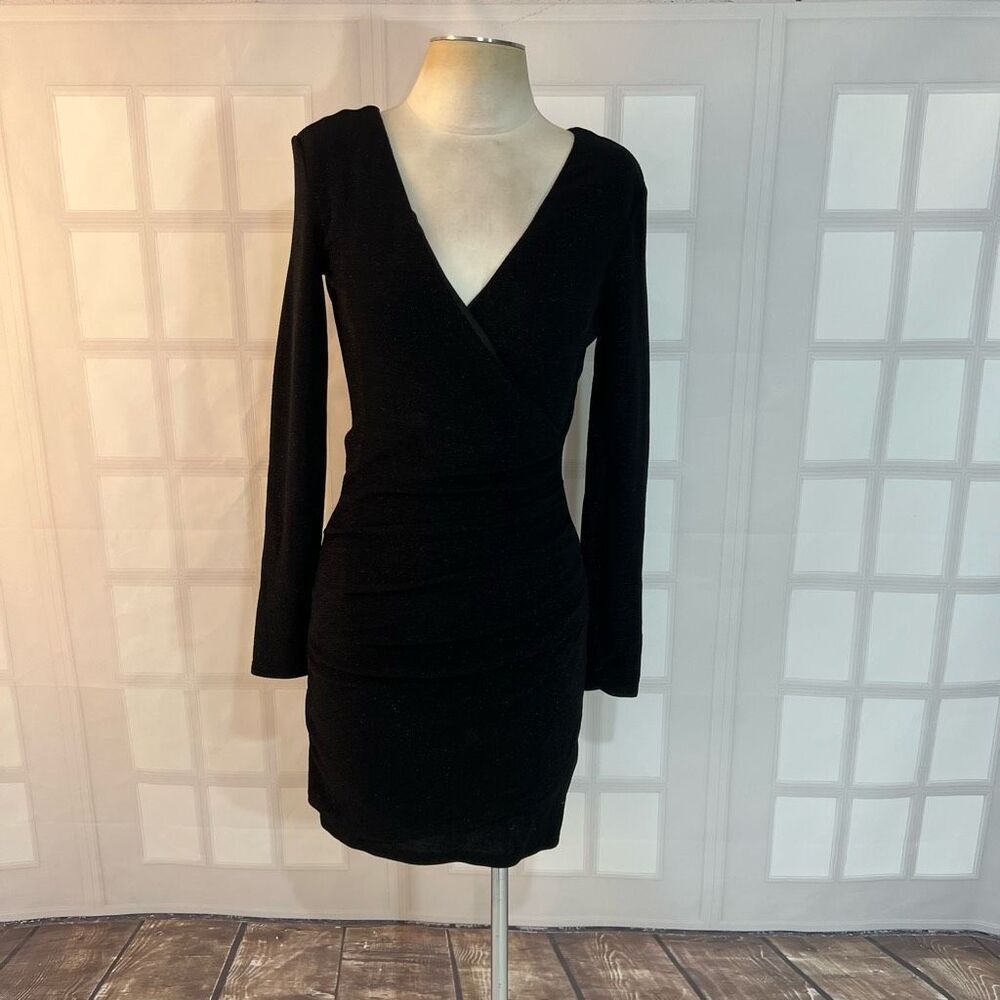 Mango Black Sparkly Metallic V-Neck Surplice Long Sleeve Mini Dress Size 6